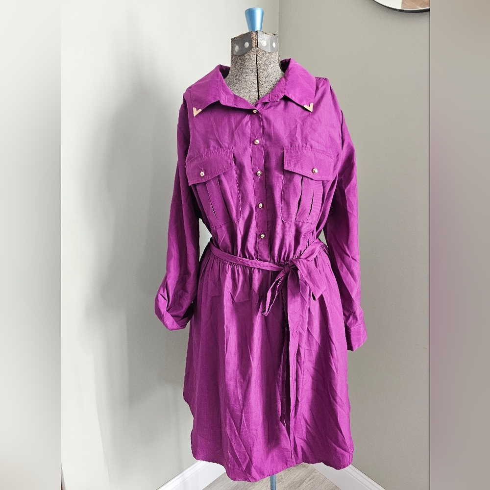Purple Button-Up Dress with Belt